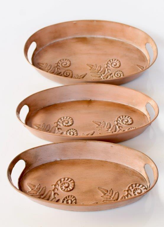 Set Of 3 Oval Metal Trays Fern Design